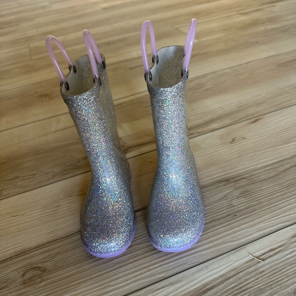 Purple and silver glitter light up rain boots